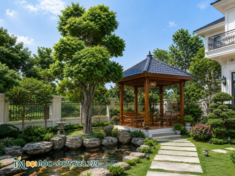 Cây thị cổ thụ trồng cạnh chòi nghỉ uống trà